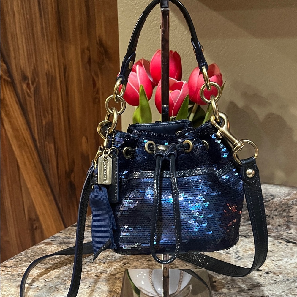 Coach EUC Midnight Blue Sequin Poppy Cinch Crossbody Bag